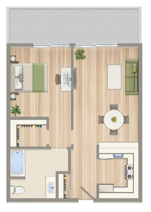 A floor plan of a small apartment with a kitchen, living room, and bathroom.