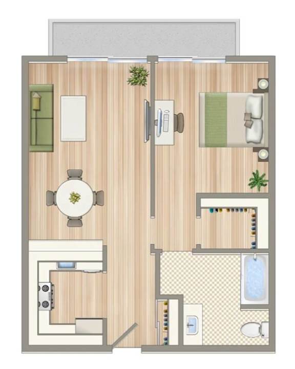 A floor plan of a small apartment with a kitchen, living room, and bathroom.