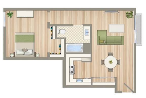 A floor plan of a house with a living room, kitchen, and bathroom.