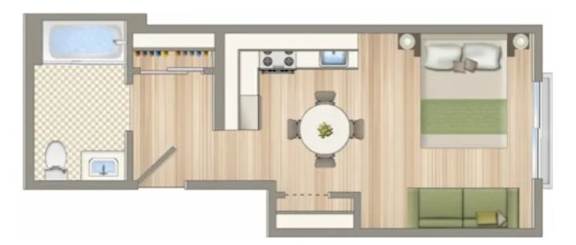 A floor plan of a house with a kitchen, living room, and two bedrooms.