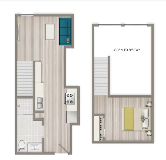 A floor plan of a room with a bed, a desk, and a chair.