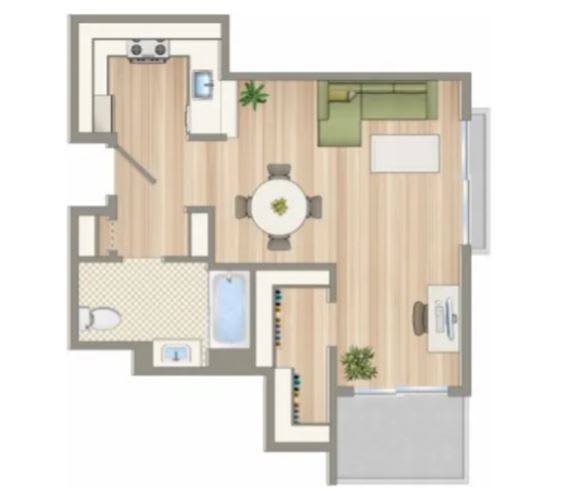 A floor plan of a house with a kitchen, living room, and two bedrooms.