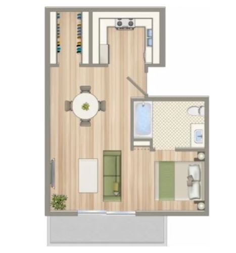 a furnished floor plan with a bedroom and a living room