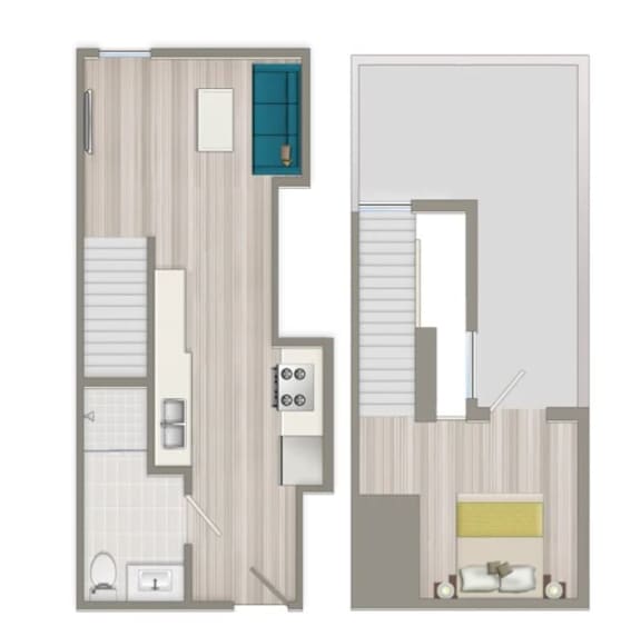 A floor plan of a small apartment with a bedroom, bathroom, and living room.
