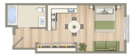 A floor plan of a small apartment with a kitchen, living room, and bathroom.