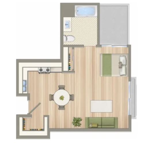 a furnished floor plan with a bedroom and a living room