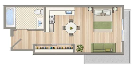 A floor plan of a small apartment with a kitchen, living room, and bathroom.