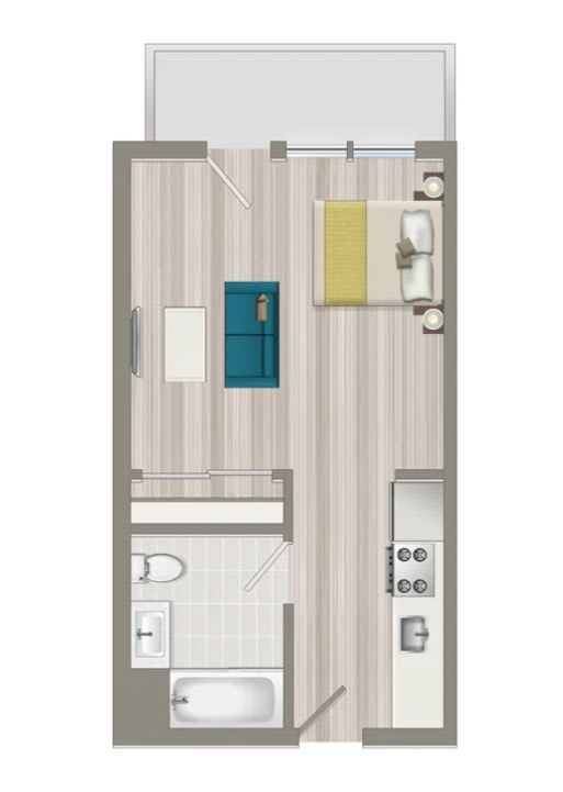 A drawing of a small apartment with a bedroom and a bathroom.