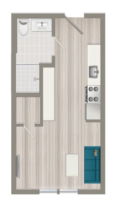 A drawing of a floor plan of a room with a toilet, sink, bathtub, and a door.
