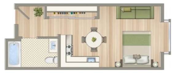 A floor plan of a house with a dining area in the center.