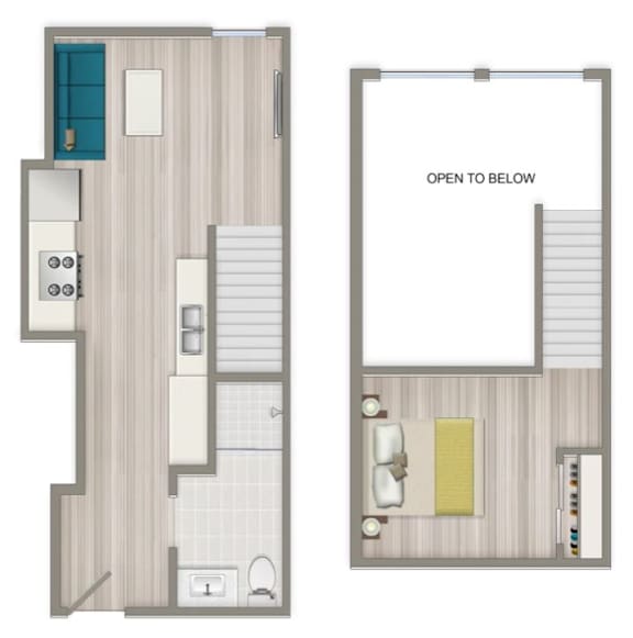 A floor plan of a room with a bathroom and a kitchen area.