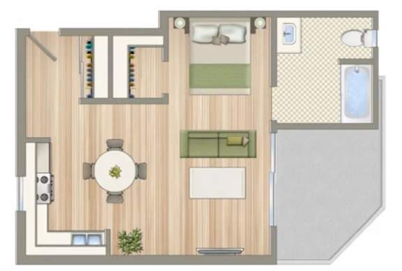 a floor plan of a house with a bedroom and a living room