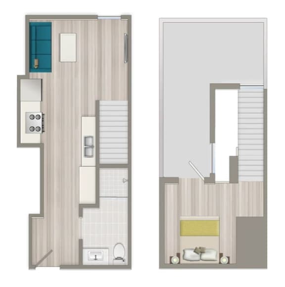 A floor plan of a room with a bed, a shower, and a toilet.