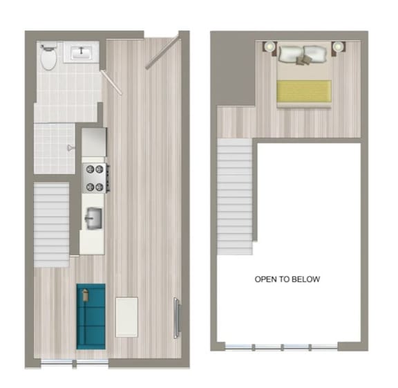 A floor plan of a room with a bathroom and a bedroom.