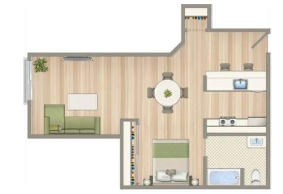 A drawing of a house with a kitchen, living room, and bathroom.