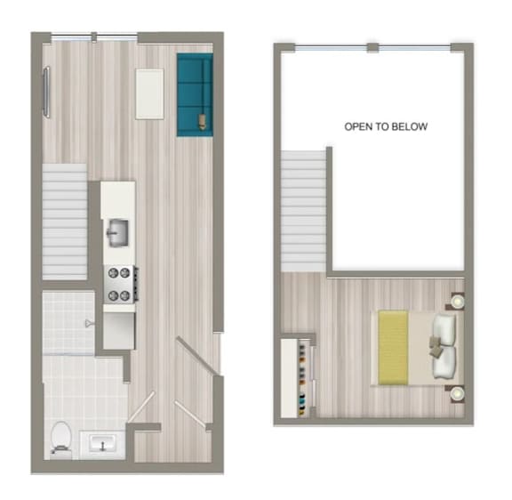 A floor plan of a room with a bathroom and a living area.