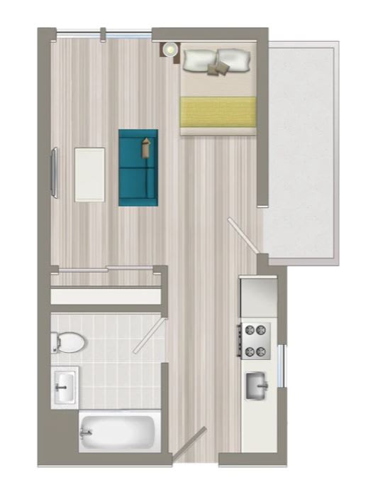A drawing of a bedroom with a bed, dresser, and bathroom.