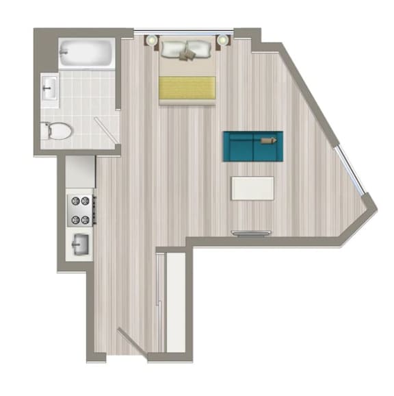 A floor plan of a room with a bed, a desk, a toilet, a bathtub, and a sink.