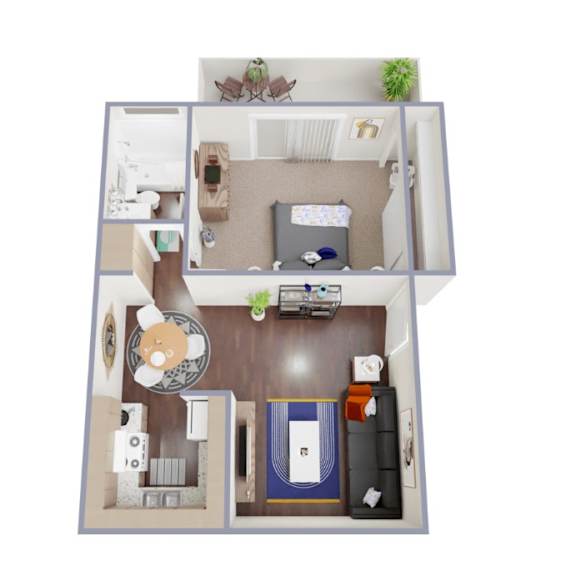 A top-down view of a small apartment with a kitchen, living room, and bedroom.
