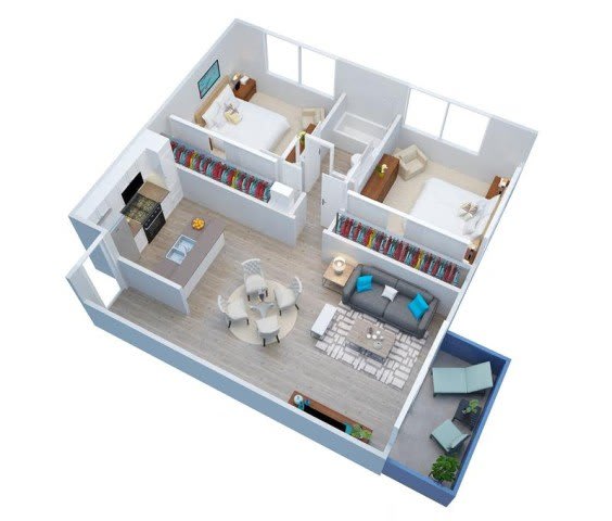 Milano Apartments 3D Two Bedroom One Bathroom Floor plan