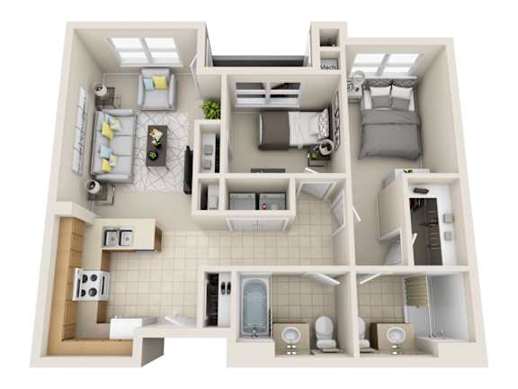 A 3D floor plan of a small apartment with a kitchen, living room, and bathroom.