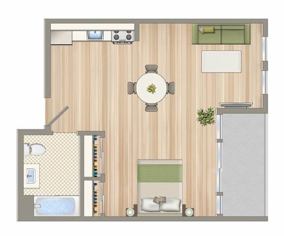 A floor plan of a small apartment with a kitchen, living room, and bathroom.