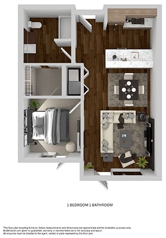 a stylized floor plan with a bedroom and a living room