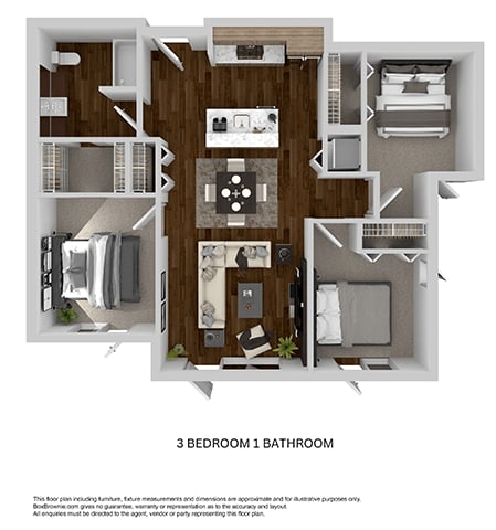 a 3 bedroom 1 bathroom floor plan with a bathroom and a living room