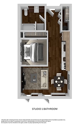a stylized floor plan of a studio apartment with a bedroom and a bathroom