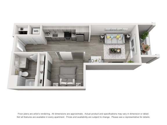 Burano Apartments 3D one bedroom one bathroom Floorplan