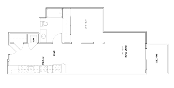 A floor plan of a house with a kitchen, bathroom, and living room.