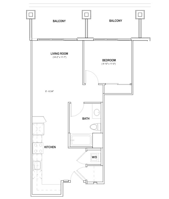 Burano Apartments 2D one bedroom one bathroom Floorplan