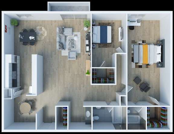 A series of images showing a top-down view of a small apartment layout.