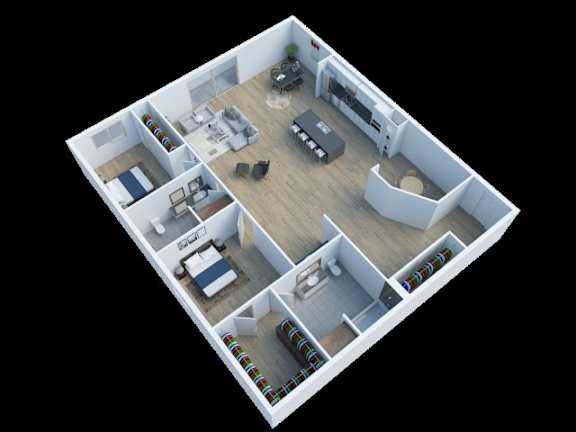 A 3D floor plan of a house with a living room, kitchen, dining room, and bedrooms.