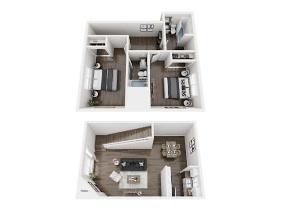 Nova Townhomes 3D Floor Plan two bedroom, two bathroom