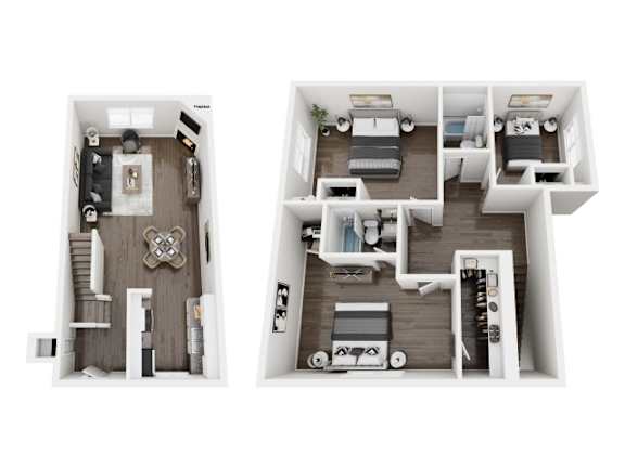Nova Townhomes 3D Floor Plan three bedroom, two bathroom