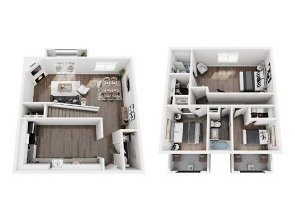 Nova Townhomes 3D Floor Plan three bedroom, two and a half bathroom