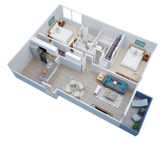 Milano Apartments 3D One Bedroom Two Bathroom Floor plan