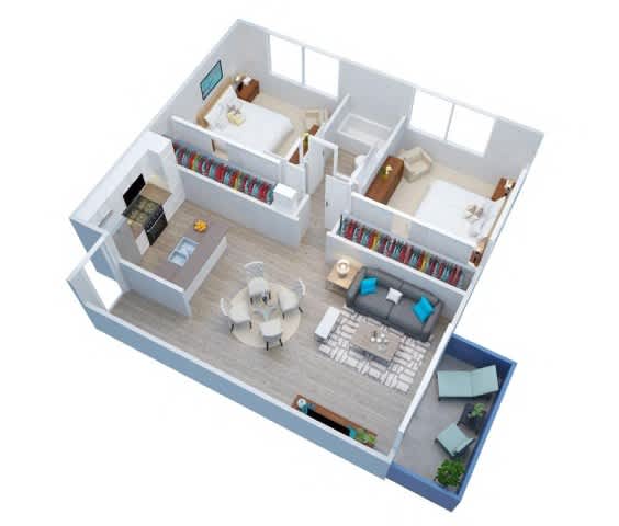 Milano Apartments 3D Two Bedroom One Bathroom Floor plan