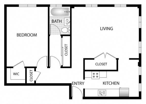 North Kingsley 2D Floor Plan One Bedroom, One Bathroom