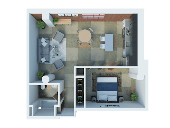 South Park Lofts 3D Floor Plan One Bedroom, One Bathroom