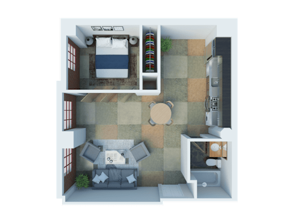 South Park Lofts 3D Floor Plan One Bedroom, One Bathroom
