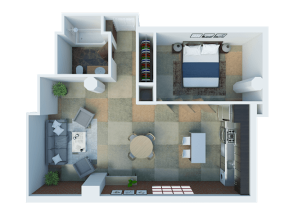 South Park Lofts 3D Floor Plan One Bedroom, One Bathroom