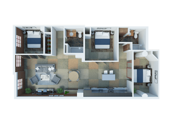 South Park Lofts 3D Floor Plan Three Bedroom, Two Bathroom