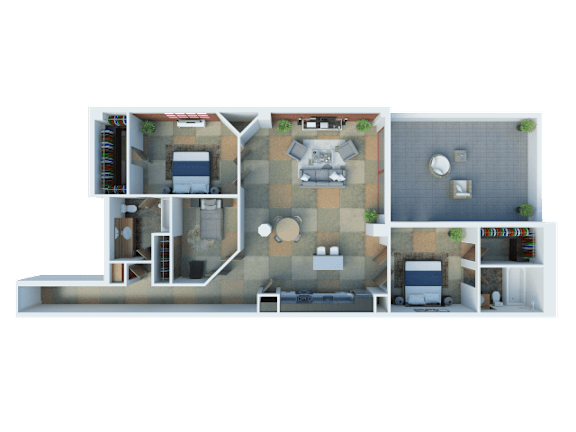 A 3D floor plan of a house with a living room, kitchen, and two bedrooms.
