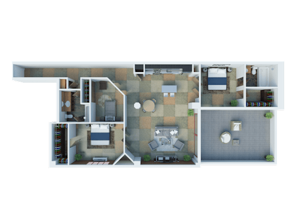 South Park Lofts 3D Floor Plan Three Bedroom, Two Bathroom
