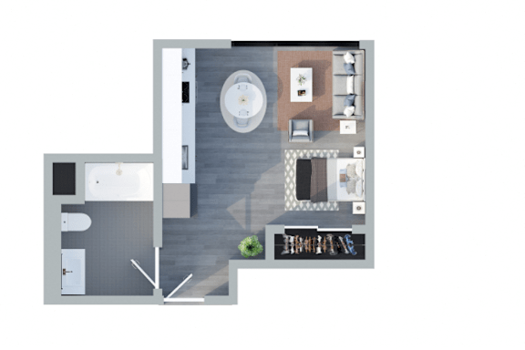 A floor plan of a house with a kitchen, living room, and bathroom.