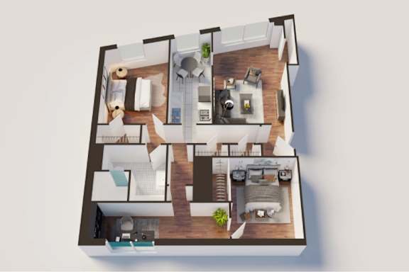 Del Mor 3D Floor Plan Two Bedroom, One Bathroom