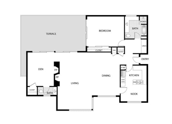 Orange Grove Circle 2D Floor Plan One Bedroom, Two Bathroom with Den