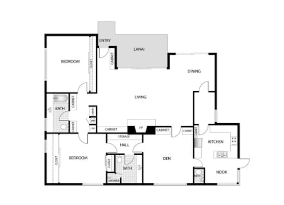 Orange Grove Circle 2D Floor Plan Two Bedroom, Three Bathroom with Den